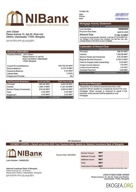 Modèle Word et PDF de relevé hypothécaire de la Banque nationale d'investissement de Mongolie